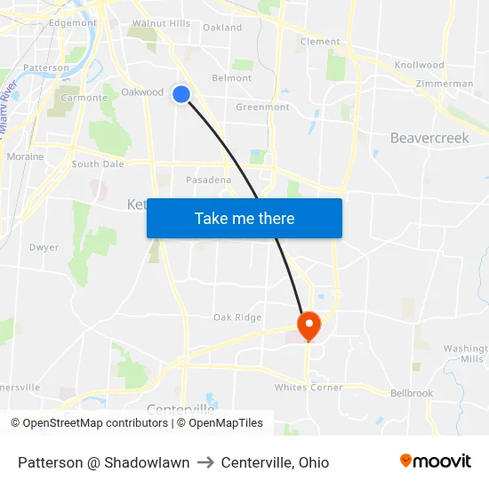 Patterson @ Shadowlawn to Centerville, Ohio map