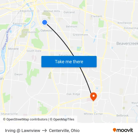 Irving @ Lawnview to Centerville, Ohio map