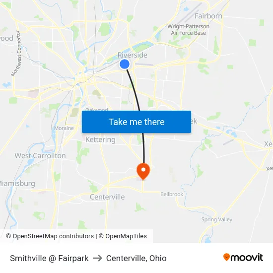 Smithville @ Fairpark to Centerville, Ohio map