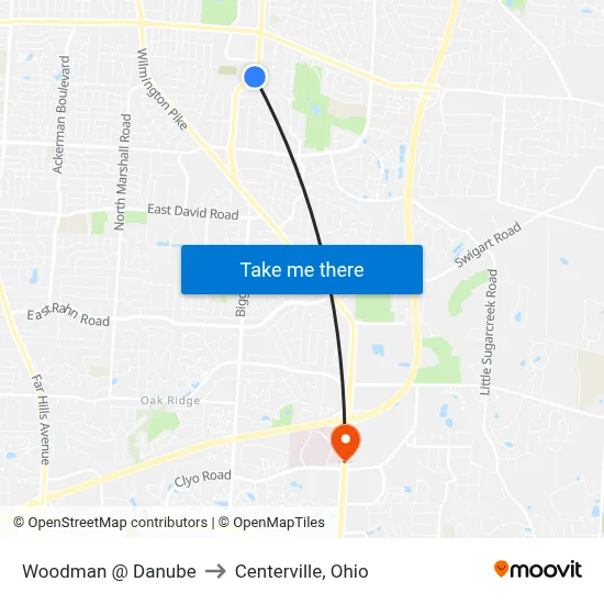 Woodman @ Danube to Centerville, Ohio map