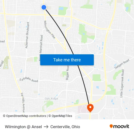 Wilmington @ Ansel to Centerville, Ohio map