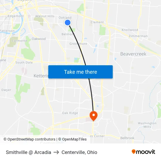 Smithville @ Arcadia to Centerville, Ohio map