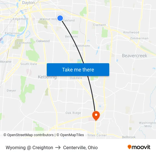 Wyoming @ Creighton to Centerville, Ohio map