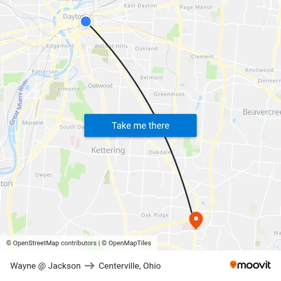 Wayne @ Jackson to Centerville, Ohio map