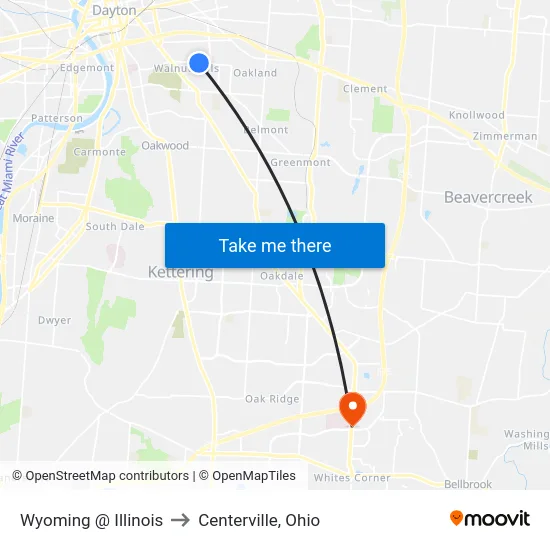 Wyoming @ Illinois to Centerville, Ohio map