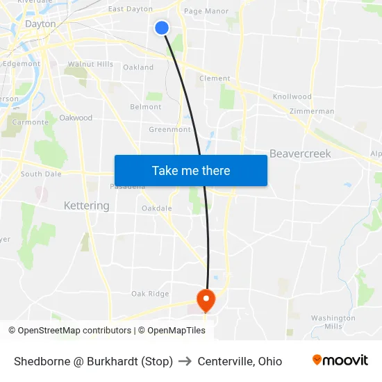 Shedborne @ Burkhardt (Stop) to Centerville, Ohio map