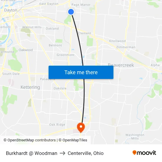 Burkhardt @ Woodman to Centerville, Ohio map