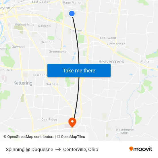 Spinning @ Duquesne to Centerville, Ohio map