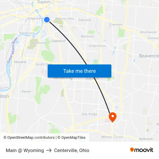 Main @ Wyoming to Centerville, Ohio map