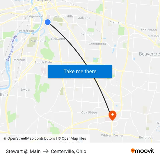 Stewart @ Main to Centerville, Ohio map