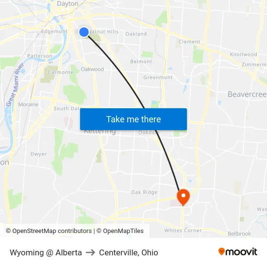 Wyoming @ Alberta to Centerville, Ohio map