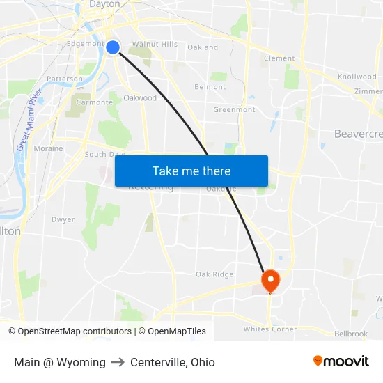 Main @ Wyoming to Centerville, Ohio map