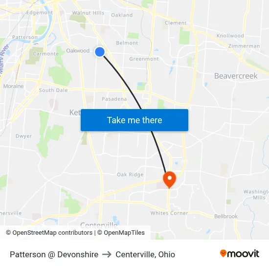 Patterson @ Devonshire to Centerville, Ohio map