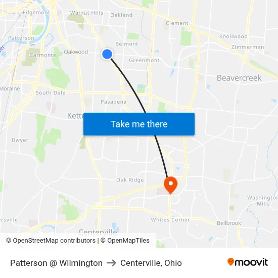 Patterson @ Wilmington to Centerville, Ohio map