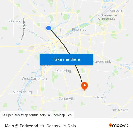 Main @ Parkwood to Centerville, Ohio map
