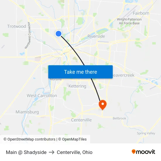 Main @ Shadyside to Centerville, Ohio map