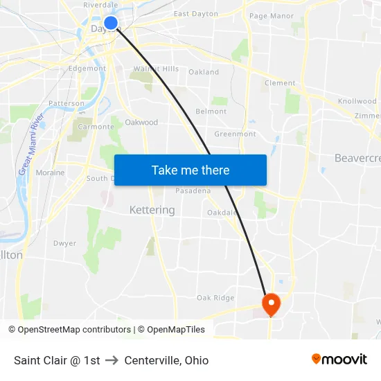Saint Clair @ 1st to Centerville, Ohio map