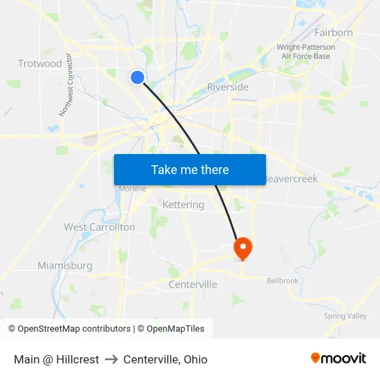 Main @ Hillcrest to Centerville, Ohio map