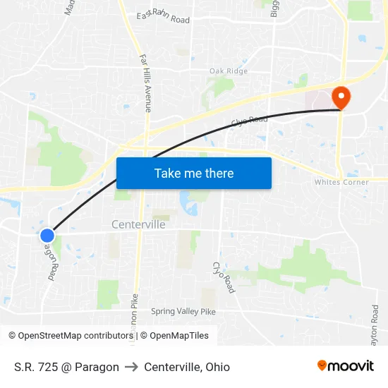 S.R. 725 @ Paragon to Centerville, Ohio map
