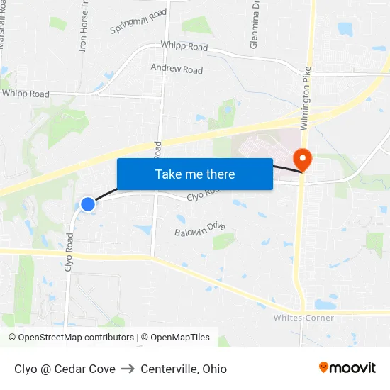 Clyo @ Cedar Cove to Centerville, Ohio map