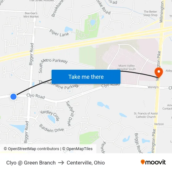 Clyo @ Green Branch to Centerville, Ohio map