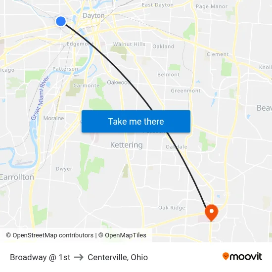 Broadway @ 1st to Centerville, Ohio map