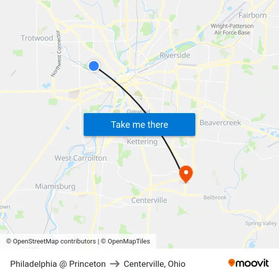 Philadelphia @ Princeton to Centerville, Ohio map