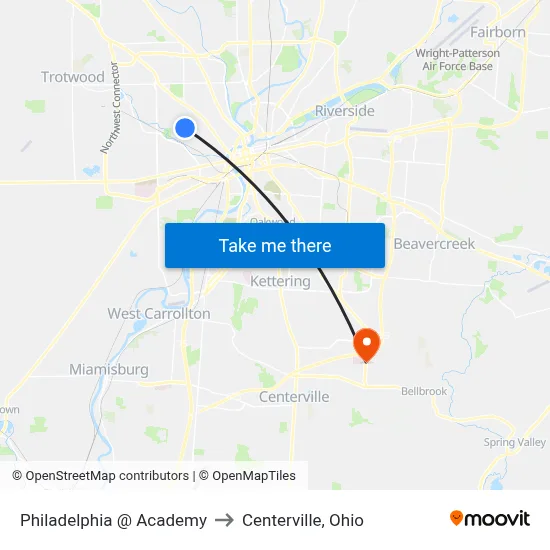 Philadelphia @ Academy to Centerville, Ohio map
