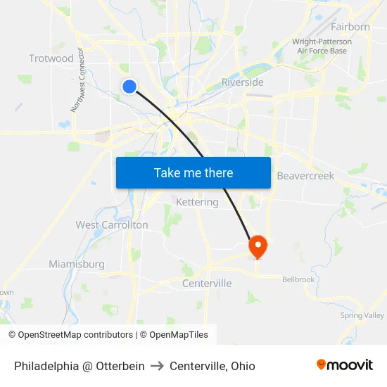 Philadelphia @ Otterbein to Centerville, Ohio map