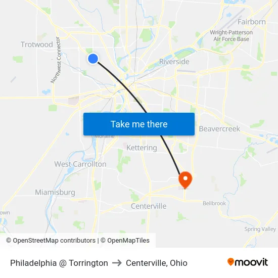Philadelphia @ Torrington to Centerville, Ohio map