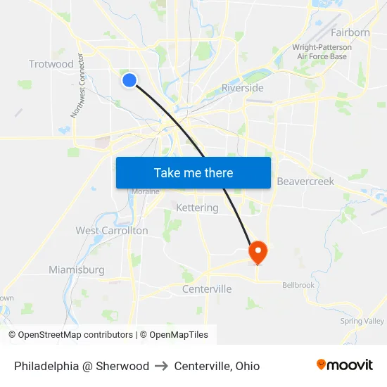 Philadelphia @ Sherwood to Centerville, Ohio map