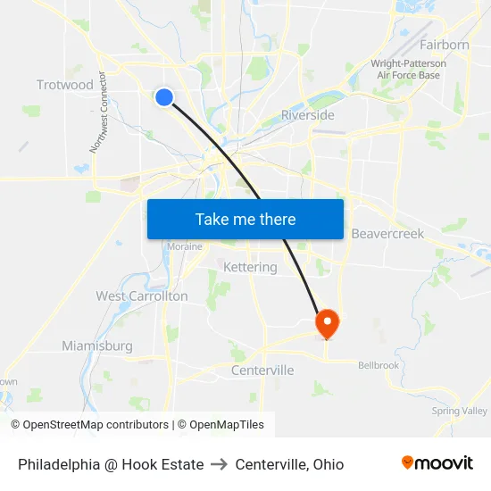 Philadelphia @ Hook Estate to Centerville, Ohio map