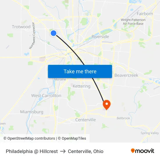 Philadelphia @ Hillcrest to Centerville, Ohio map