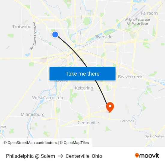 Philadelphia @ Salem to Centerville, Ohio map
