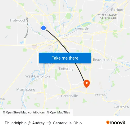 Philadelphia @ Audrey to Centerville, Ohio map
