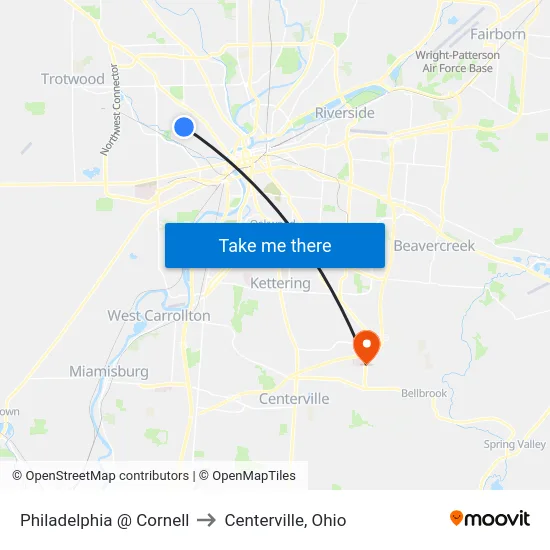 Philadelphia @ Cornell to Centerville, Ohio map
