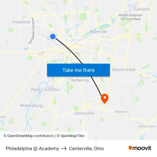 Philadelphia @ Academy to Centerville, Ohio map