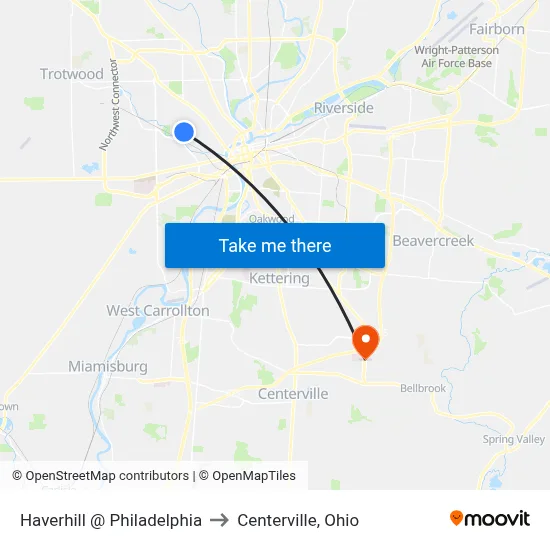 Haverhill @ Philadelphia to Centerville, Ohio map