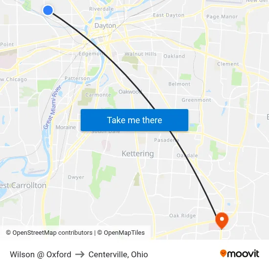 Wilson @ Oxford to Centerville, Ohio map