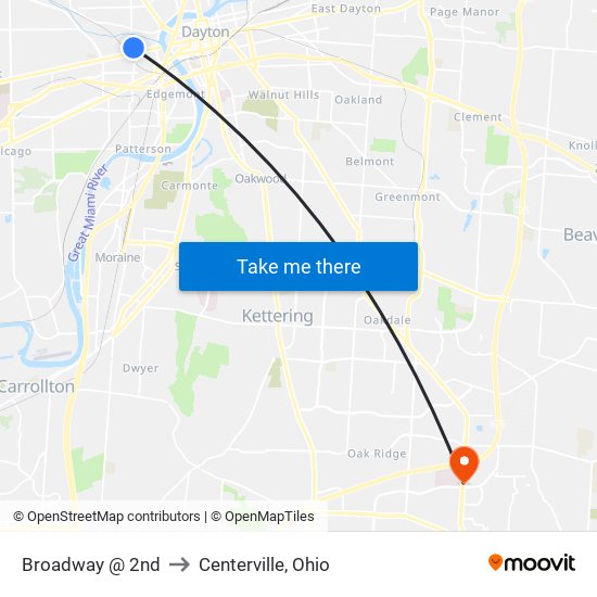 Broadway @ 2nd to Centerville, Ohio map