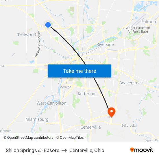 Shiloh Springs @ Basore to Centerville, Ohio map