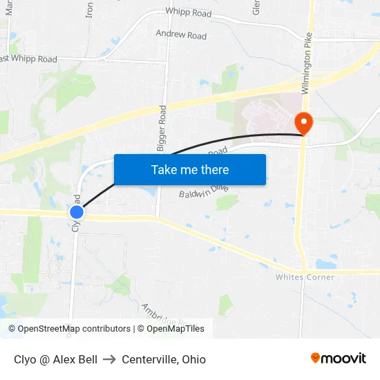 Clyo @ Alex Bell to Centerville, Ohio map