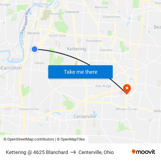 Kettering @ 4625 Blanchard to Centerville, Ohio map