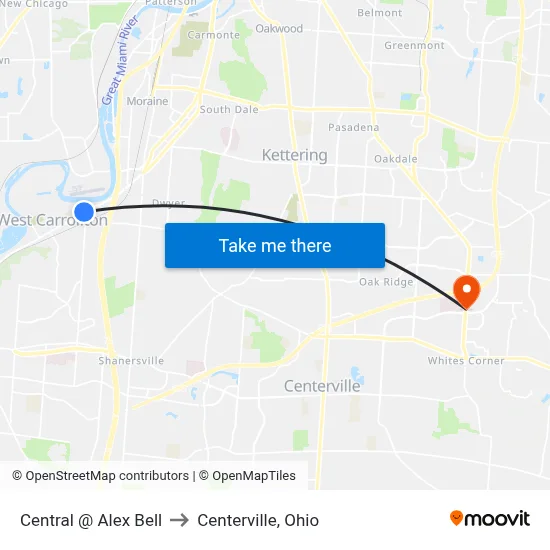 Central @ Alex Bell to Centerville, Ohio map