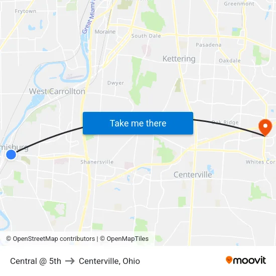 Central @ 5th to Centerville, Ohio map