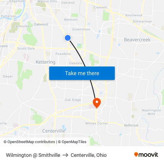 Wilmington @ Smithville to Centerville, Ohio map