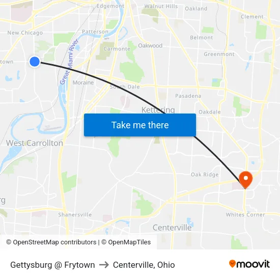 Gettysburg @ Frytown to Centerville, Ohio map