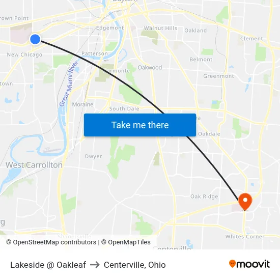 Lakeside @ Oakleaf to Centerville, Ohio map