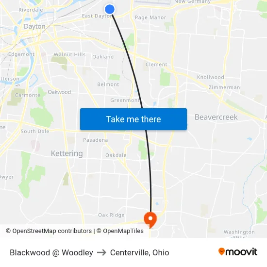 Blackwood @ Woodley to Centerville, Ohio map