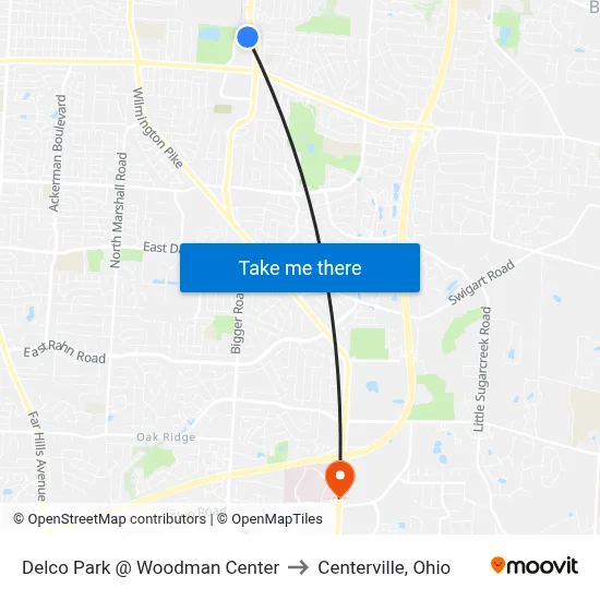 Delco Park @ Woodman Center to Centerville, Ohio map
